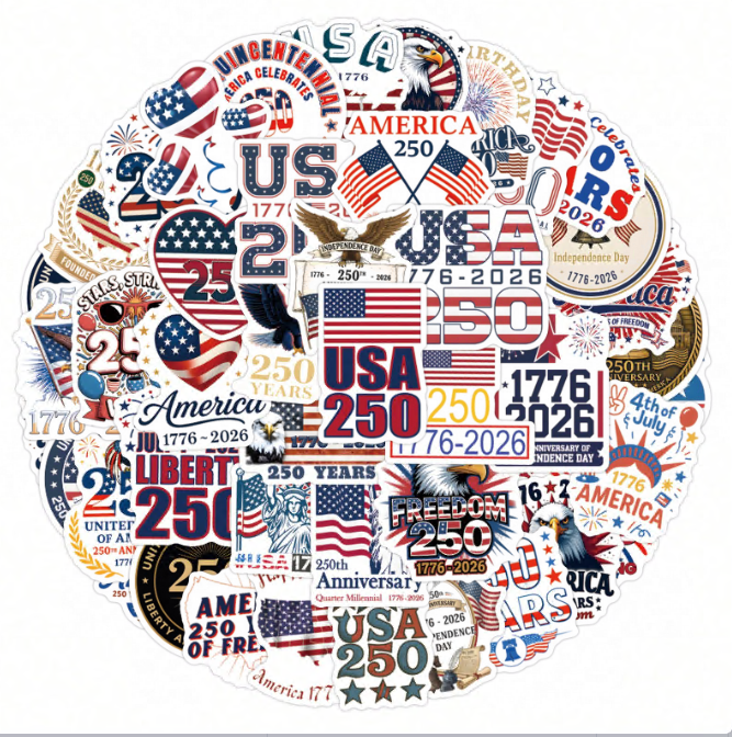 United States 250th Anniversary Sticker Pack, Patriotic USA 1776-2026 Independence Day Celebration Stickers, 56 Pieces, Red White and Blue